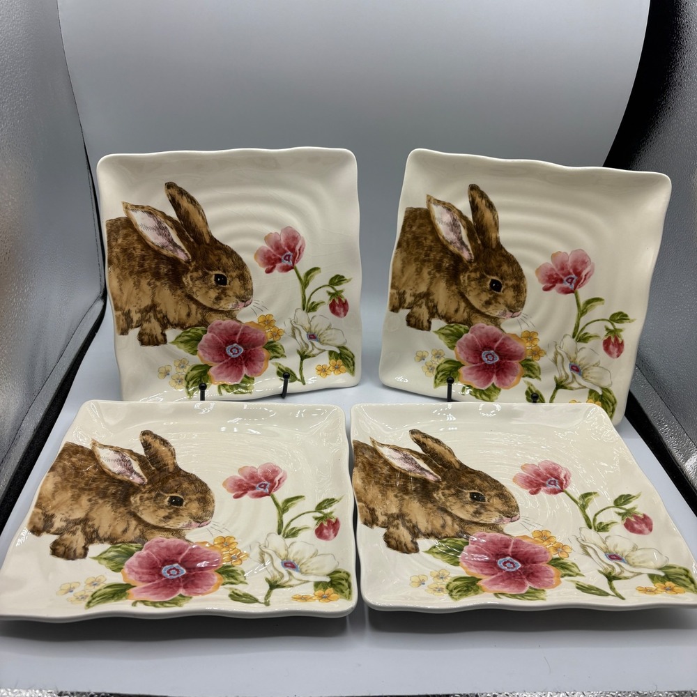 Lot of 4 Maxcera Floral Bunny Sqyare Salad Plate 8.5" Multi Flow READ